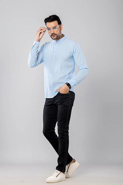 Cotton Blend Solid Casual Short Kurta for Men Long Sleeve Mandarin Collar Stylish Shirt Kurta for Men