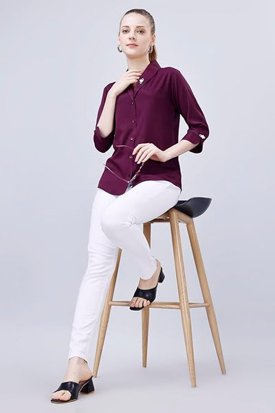 Women's Shirt for Casual Wear | Shawl Collar | 3/4 Sleeve | Regular Fit | Button Closure | Shirt Crafted with Comfort Fit for Everyday Wear Option