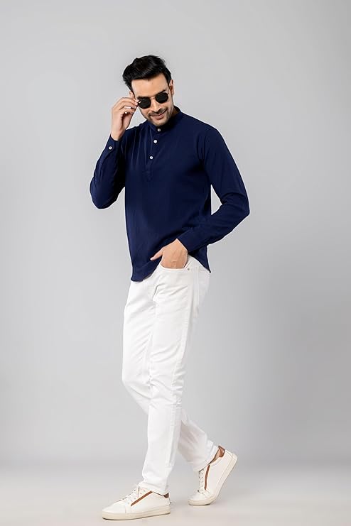 Cotton Blend Solid Casual Short Kurta for Men Long Sleeve Mandarin Collar Stylish Shirt Kurta for Men