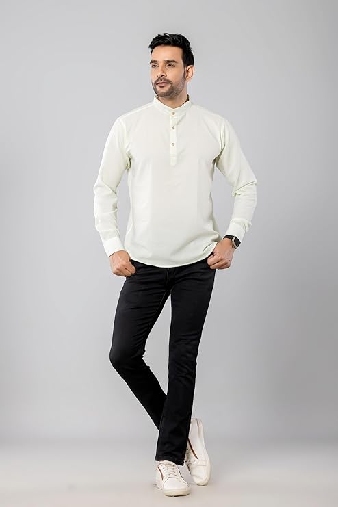 Cotton Blend Solid Casual Short Kurta for Men Long Sleeve Mandarin Collar Stylish Shirt Kurta for Men