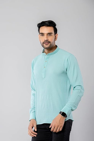 Cotton Blend Solid Casual Short Kurta for Men Long Sleeve Mandarin Collar Stylish Shirt Kurta for Men