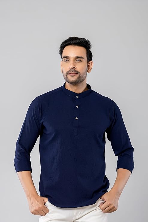 Cotton Blend Solid Casual Short Kurta for Men Long Sleeve Mandarin Collar Stylish Shirt Kurta for Men