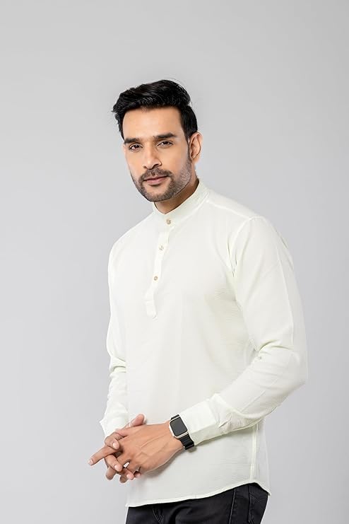 Cotton Blend Solid Casual Short Kurta for Men Long Sleeve Mandarin Collar Stylish Shirt Kurta for Men