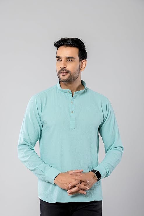 Cotton Blend Solid Casual Short Kurta for Men Long Sleeve Mandarin Collar Stylish Shirt Kurta for Men