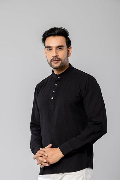 Cotton Blend Solid Casual Short Kurta for Men Long Sleeve Mandarin Collar Stylish Shirt Kurta for Men