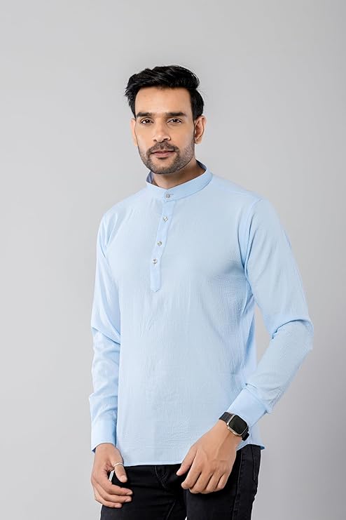 Cotton Blend Solid Casual Short Kurta for Men Long Sleeve Mandarin Collar Stylish Shirt Kurta for Men