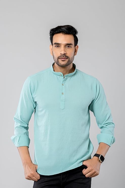 Cotton Blend Solid Casual Short Kurta for Men Long Sleeve Mandarin Collar Stylish Shirt Kurta for Men (Pack of 3)