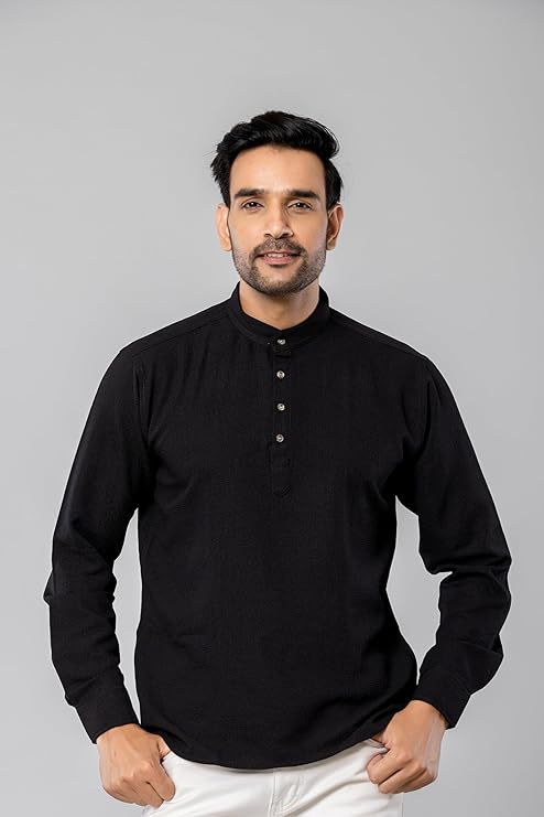 Cotton Blend Solid Casual Short Kurta for Men Long Sleeve Mandarin Collar Stylish Shirt Kurta for Men