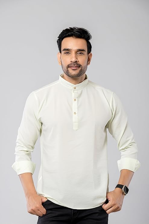 Cotton Blend Solid Casual Short Kurta for Men Long Sleeve Mandarin Collar Stylish Shirt Kurta for Men