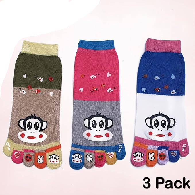 Sock Cute Monkey Ankle Sock Cotton Athletic Running Five Finger Socks for Girls, Women, Free size (3 pairs)