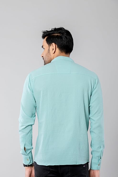 Cotton Blend Solid Casual Short Kurta for Men Long Sleeve Mandarin Collar Stylish Shirt Kurta for Men