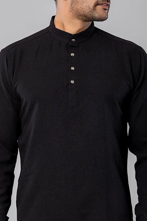 Cotton Blend Solid Casual Short Kurta for Men Long Sleeve Mandarin Collar Stylish Shirt Kurta for Men