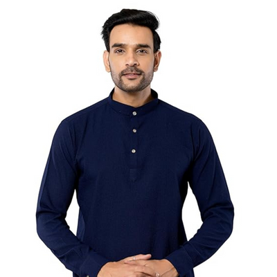 Cotton Blend Solid Casual Short Kurta for Men Long Sleeve Mandarin Collar Stylish Shirt Kurta for Men