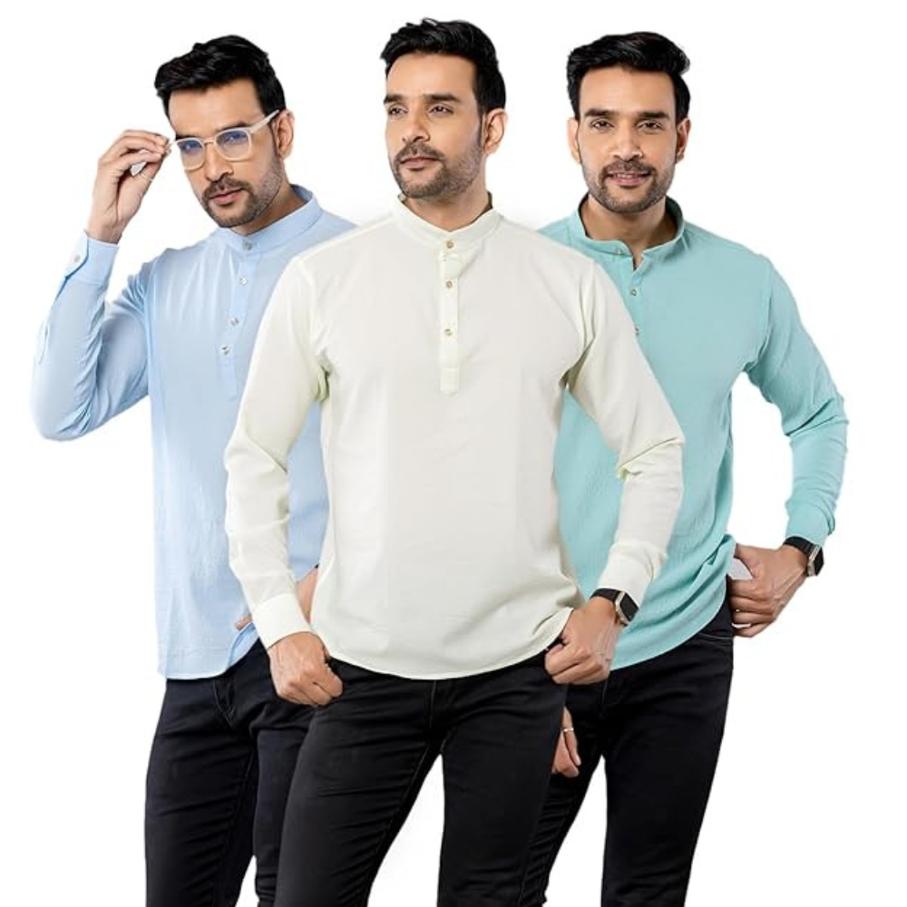 Cotton Blend Solid Casual Short Kurta for Men Long Sleeve Mandarin Collar Stylish Shirt Kurta for Men (Pack of 3)