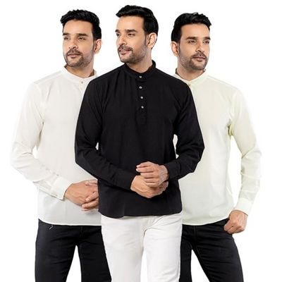 Cotton Blend Solid Casual Short Kurta for Men Long Sleeve Mandarin Collar Stylish Shirt Kurta for Men (Pack of 3)