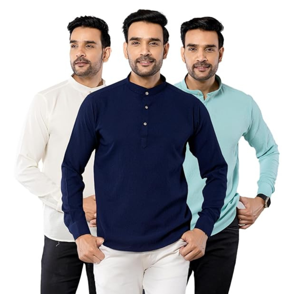 Cotton Blend Solid Casual Short Kurta for Men Long Sleeve Mandarin Collar Stylish Shirt Kurta for Men (Pack of 3)