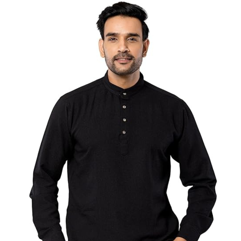 Cotton Blend Solid Casual Short Kurta for Men Long Sleeve Mandarin Collar Stylish Shirt Kurta for Men