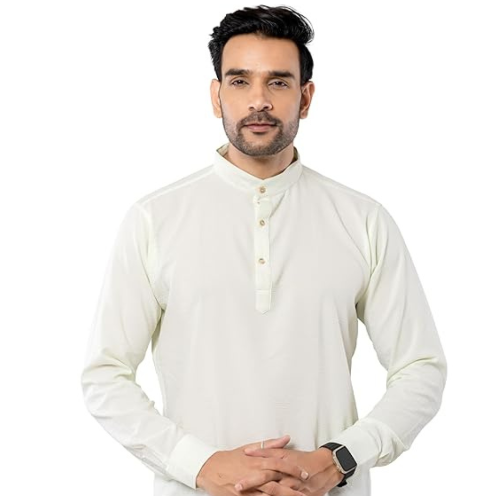 Cotton Blend Solid Casual Short Kurta for Men Long Sleeve Mandarin Collar Stylish Shirt Kurta for Men