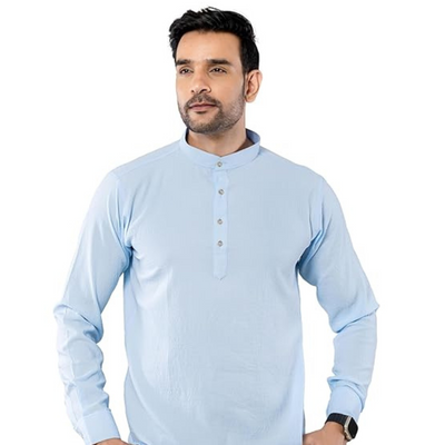 Cotton Blend Solid Casual Short Kurta for Men Long Sleeve Mandarin Collar Stylish Shirt Kurta for Men