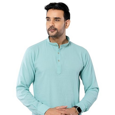 Cotton Blend Solid Casual Short Kurta for Men Long Sleeve Mandarin Collar Stylish Shirt Kurta for Men