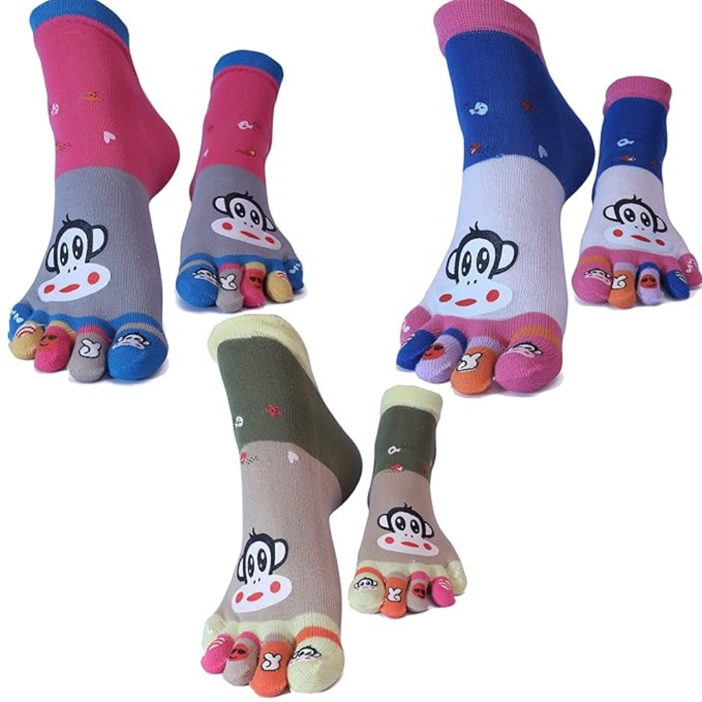 Sock Cute Monkey Ankle Sock Cotton Athletic Running Five Finger Socks for Girls, Women, Free size (3 pairs)