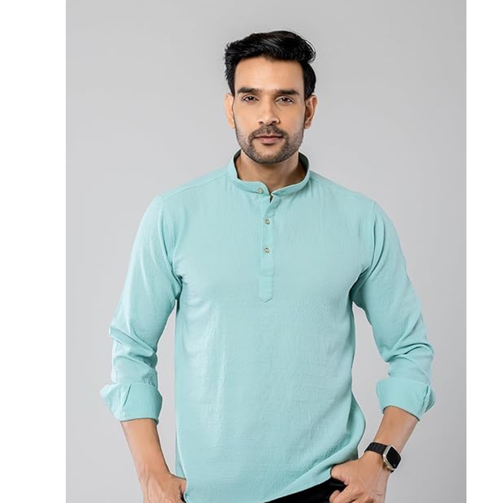 Cotton Blend Solid Casual Short Kurta for Men Long Sleeve Mandarin Collar Stylish Shirt Kurta for Men