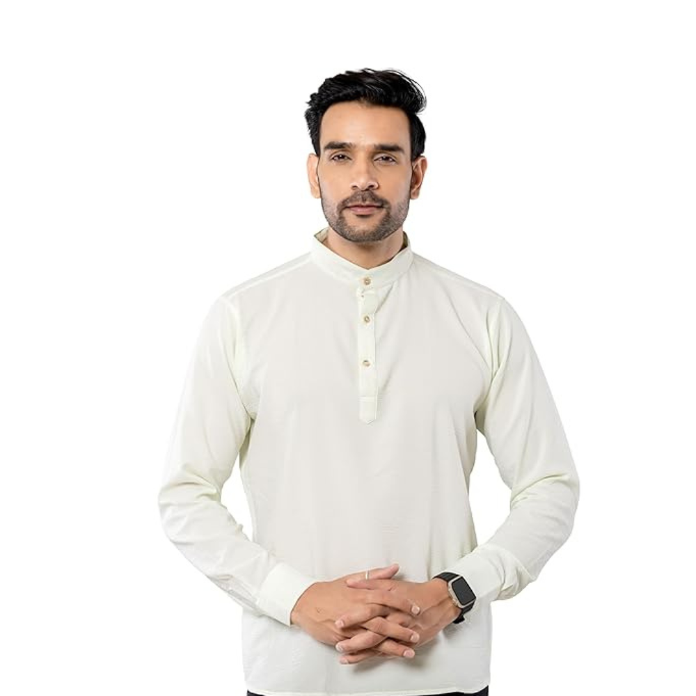 Cotton Blend Solid Casual Short Kurta for Men Long Sleeve Mandarin Collar Stylish Shirt Kurta for Men