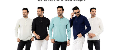 Cotton Blend Solid Casual Short Kurta for Men Long Sleeve Mandarin Collar Stylish Shirt Kurta for Men